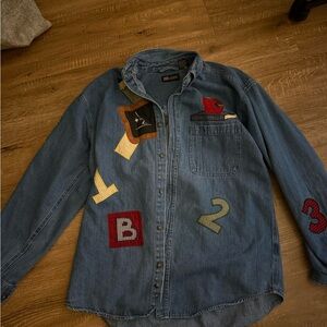 Vintage teacher Denim Button-Up Shirt with Colorful Patches